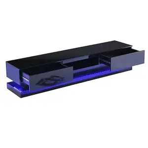 Step TV Stand With Storage for Living Room and Bedroom, 1800 Wide, LED Lighting, Media Storage, Black High Gloss Finish