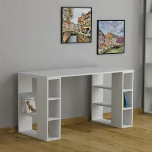 Simone Modern Desk with Built-in Bookcase – Stylish Workspace Desk with 6 Open Shelves White / White