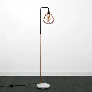 ValueLights Talisman Black Copper Metal and White Marble Base Floor Lamp with Copper Metal Basket Cage Shade