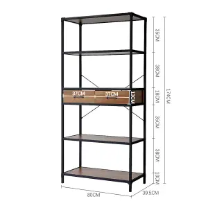 5-Tier Metal Framed Wooden Book Shelf with Drawers