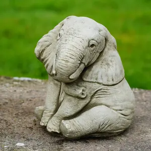 Elephant Trunk Down Stone Statue Outdoor British Made Garden Ornament