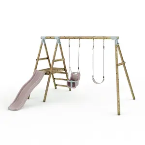 Limited Edition Rebo Double Wooden Swing Set with Slide - Odyssey - Pastel Pink