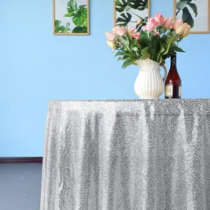 Neel Blue 90 Inch Round Sequin Tablecloth, Silver