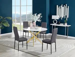 Furniturebox UK Novara White Gloss Gold Leg 120cm Round Dining Table & 4 Grey Velvet Milan Black Leg Chairs