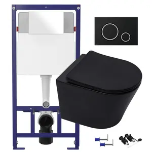 Matt Black Hidden Fixation Wall Hung Rimless Toilet WC Pan & 1.12m Concealed Cistern WC Frame & Matt Black, Trim Flush Plate