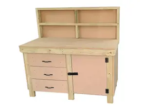 Wooden MDF top workbench, tool cabinet with lockable cupboard (V.3) (H-90cm, D-70cm, L-150cm) with back and double shelf