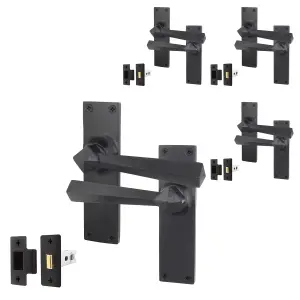 AFIT Black Iron Door Handle Latch Set - 4 Pairs of Black Antique Internal Handles & Latches (64mm) - Tudor Range