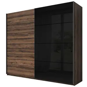 Stylish Galaxy Sliding Wardrobe 220cm - Monastery Oak and Black Gloss, H2100mm W2200mm D610mm