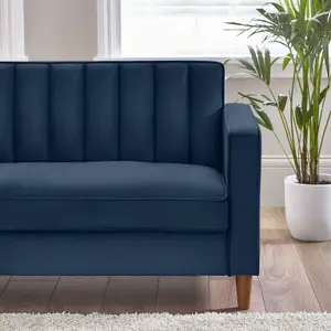 Furniturebox UK Velvet Sofa - 'Kit' 3 Seater Upholstered Navy Blue Fabric Sofa - Vertical Stitching - Modern Living Room Furniture