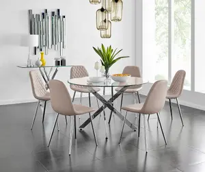 Furniturebox UK Novara Chrome Metal And Glass Large Round Dining Table And 6 Cappuccino Beige Corona Silver Chairs Set