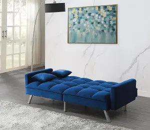 Sofa Bed 2 Seater Blue Velvet Click Clack Sofa Settee Recliner Couch with Metal Legs 2 Pillows