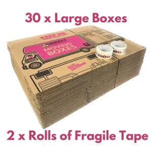 30 Strong Large Cardboard Storage Packing Moving House Boxes with Fragile Tape 52cm x 30cm x 30cm 47 Litres Carry Handles and Room