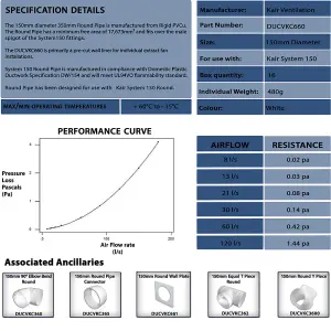 Kair Plastic Ducting Pipe 150mm - 6 inch / 350mm Short Length -Rigid Straight Duct Channel