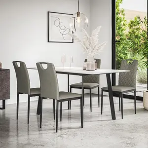 Haydon Extending Dining Table + Chairs- White Marble Effect Table Top w Black Legs + Monza Linen Dining Chair Set Of 6 (Grey)