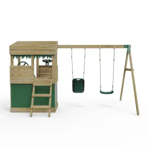 Rebo Wooden Lookout Tower Playhouse Climbing Frame with 6ft Slide & Swings - Zion