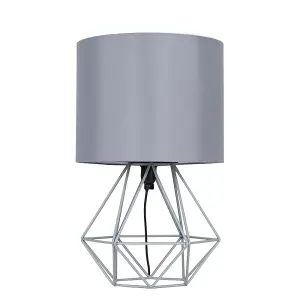 ValueLights Angus Modern Geometric Grey Metal Cage Bedside Table Lamp with Grey Fabric Shade