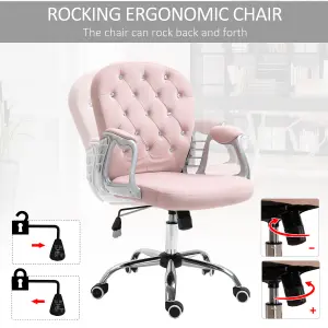 Vinsetto Office Chair Ergonomic 360 degree Swivel Diamante Tufted Home Work Velour Padded Base 5 Castor Wheels Pink