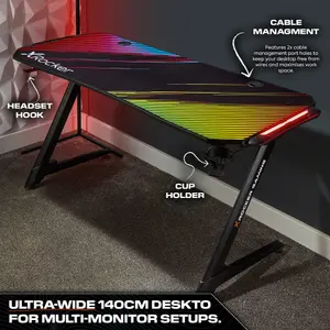 X-Rocker Jaguar RGB Gaming Desk, 150x60cm Large Gaming Desktop with FREE Mousepad - BLACK