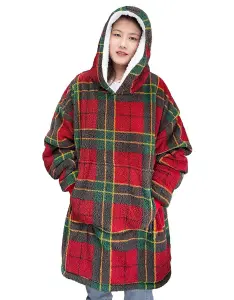 Blanket Hoodie Tartan Check Oversized Wearable Teddy Fleece Hooded Blanket