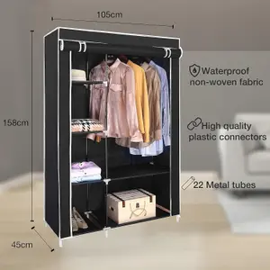 Canvas Wardrobe Organizer Clothes Rail Shelves Storage Closet Double Short - Black