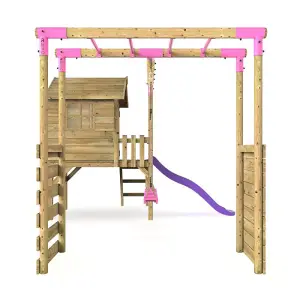 Rebo Orchard 4ft Wooden Children's Playhouse, Swings, Monkey Bars, Deck & 6ft Slide - Double Swing - Venus Purple