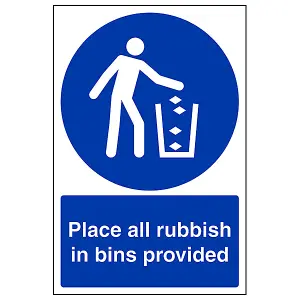 Place Rubbish In Bins Provided Blue/White Sign - Adhesive Vinyl - 200x300mm (x3)