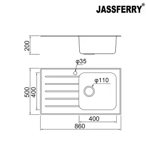 JASSFERRY Black Glass Top Kitchen Sink Stainless Steel Single 1 Bowl Left Hand Drainer