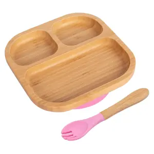 Bamboo Segmented Baby Weaning Plate & Fork Set - Pink