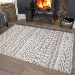 Aztec Geometric Silver Grey White Plush Scandi Area Rug 60x110cm