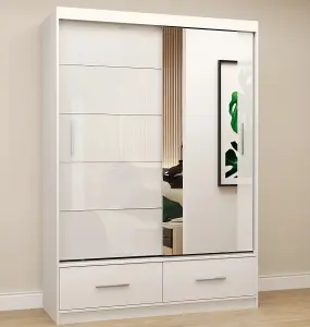 Florence Matt White Carcass with Glossy White Front Mirrored Sliding Door Wardrobe W1500mm - Two Drawers and Six Shelves