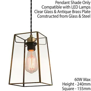 Hanging Ceiling Pendant Light Antique Brass & Square Glass Shade Sleek Box Lamp