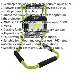 Rechargeable Portable Floodlight - 20W COB LED - IP67 Rated - Adjustable Swivel