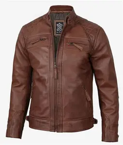 Distressed Brown Leather Jacket | Mens Biker Premium Quilted Jacket