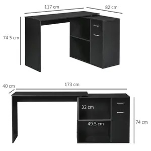 HOMCOM Corner Computer Desk 360 Rotating L-Shaped Table Storage Shelf Black