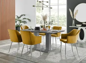 Imperia Grey High Gloss 6 Seater Dining Table with Structural 2 Plinth Column Legs 6 Mustard Velvet Silver Leg Calla Chairs