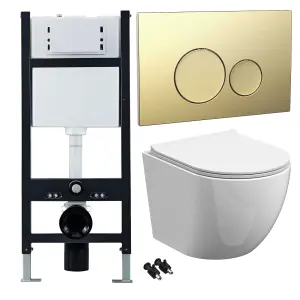 Bubly Bathrooms™ White Rimless Wall Hung Toilet Pan, Seat & 1.13m Concealed Cistern Frame - Brass