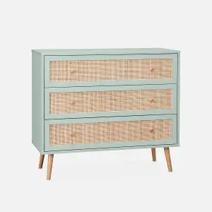 sweeek. 3-drawer chest with wood and cane effect Boheme Celadon Green 90x39x79 cm