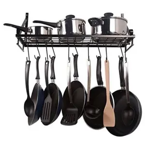 Kitchen Metal Shelves Saucepan Pan Pot Rack Storage Shelf with 10 Hooks Wall Mounted W 45 cm