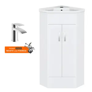 Bubly Bathrooms™ Two Door Corner Vanity Unit & Basin Sink - 555mm - Gloss White with Chrome Tap