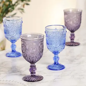 Set of 4 Vintage Luxury Purple & Blue Embossed Drinking Wine Glass Wine Goblets 290ml