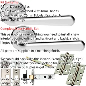 Door Handle & Latch Pack - Satin Chrome - Flared End Lever On Round Rose