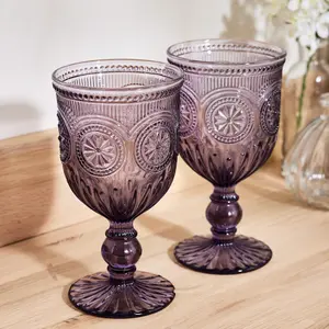 Set of 2 Vintage Luxury Purple Embossed Drinking Wine Glass Wine Goblets 290ml