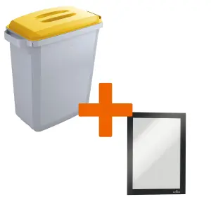 Durable DURABIN Grey Recycling Bin with Yellow Lid + Black Duraframe - 60L