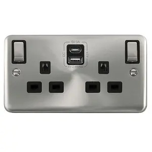 Curved Satin / Brushed Chrome 2 Gang 13A DP Ingot Type A & C USB Twin Double Switched Plug Socket - Black Trim - SE Home