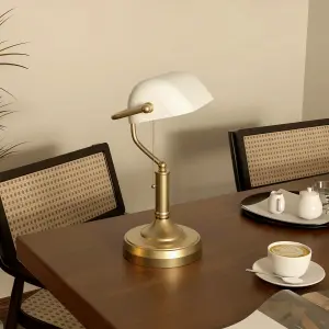 HOMCOM Banker's Table Lamp w/ Antique Bronze Tone Base, White