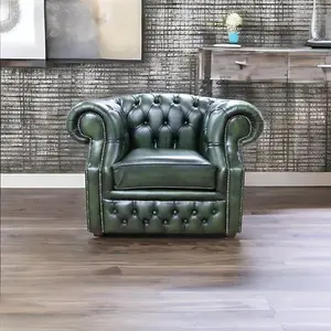 Chesterfield Club Chair Antique Green Real Leather In Buckingham Style