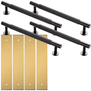 4 PACK - Pull Handle & Contrasting Backplate Set - Reeded Lined T Bar - Matt Black & Satin Brass