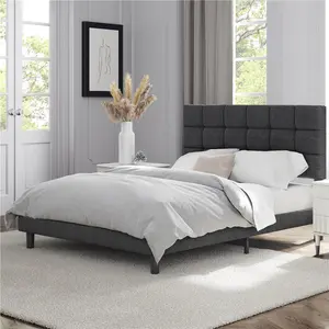 Size Modern Upholstered Bed Frame with Square Tufted Headboard Dark Grey / Double (4'6)