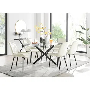 Lenworth Glass Rectangular Dining Table Set with 6 Luxury Velvet Chairs Black / Cream/Black