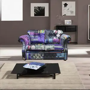 Chesterfield 2 Seater Sofa London Patchwork Multi Velvet Fabric In Era Style